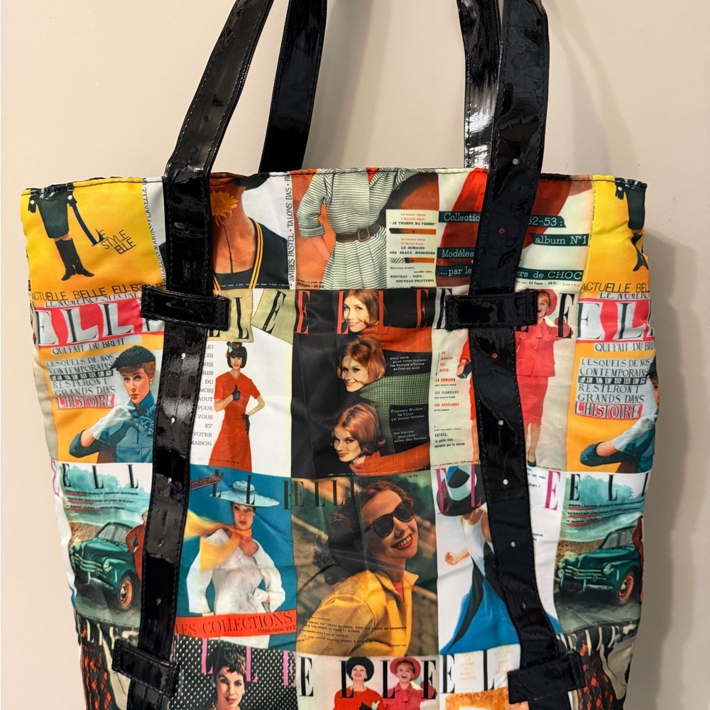 Vintage Magazine-Print Tote Bag with Black Patent Handles NEW